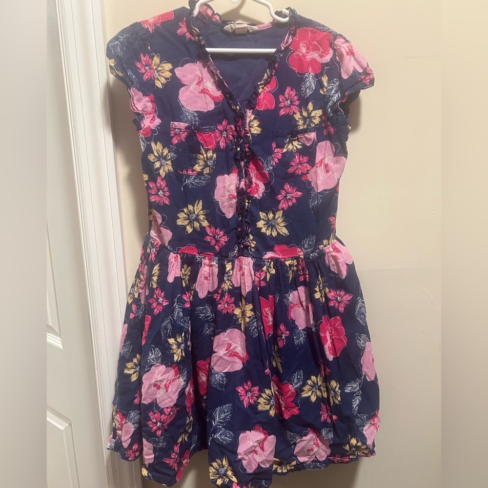 Lands' End Kids Size 8 Blue Floral Knee Length Cap Sleeve Dress